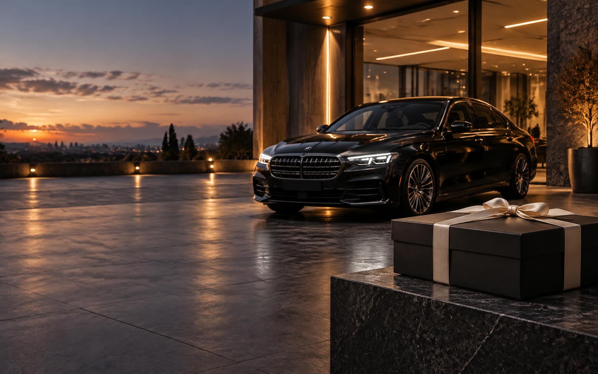 A premium welcome box presented beside a vehicle at a dealership delivery bay