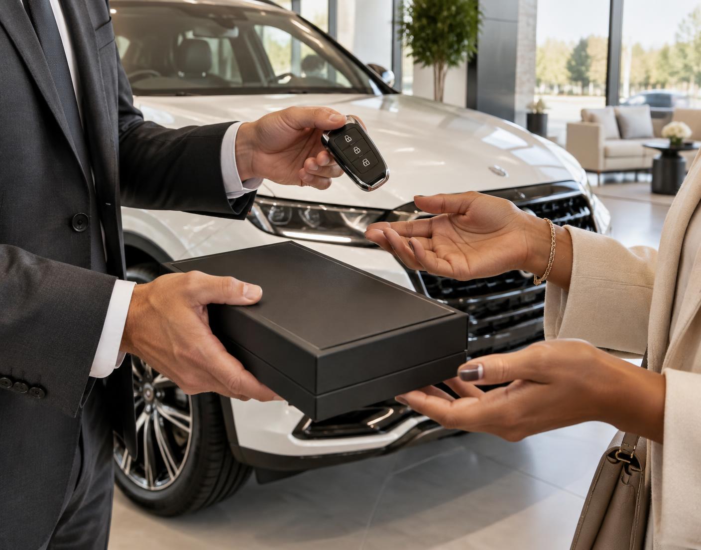 A dealership representative presenting a welcome box and vehicle key